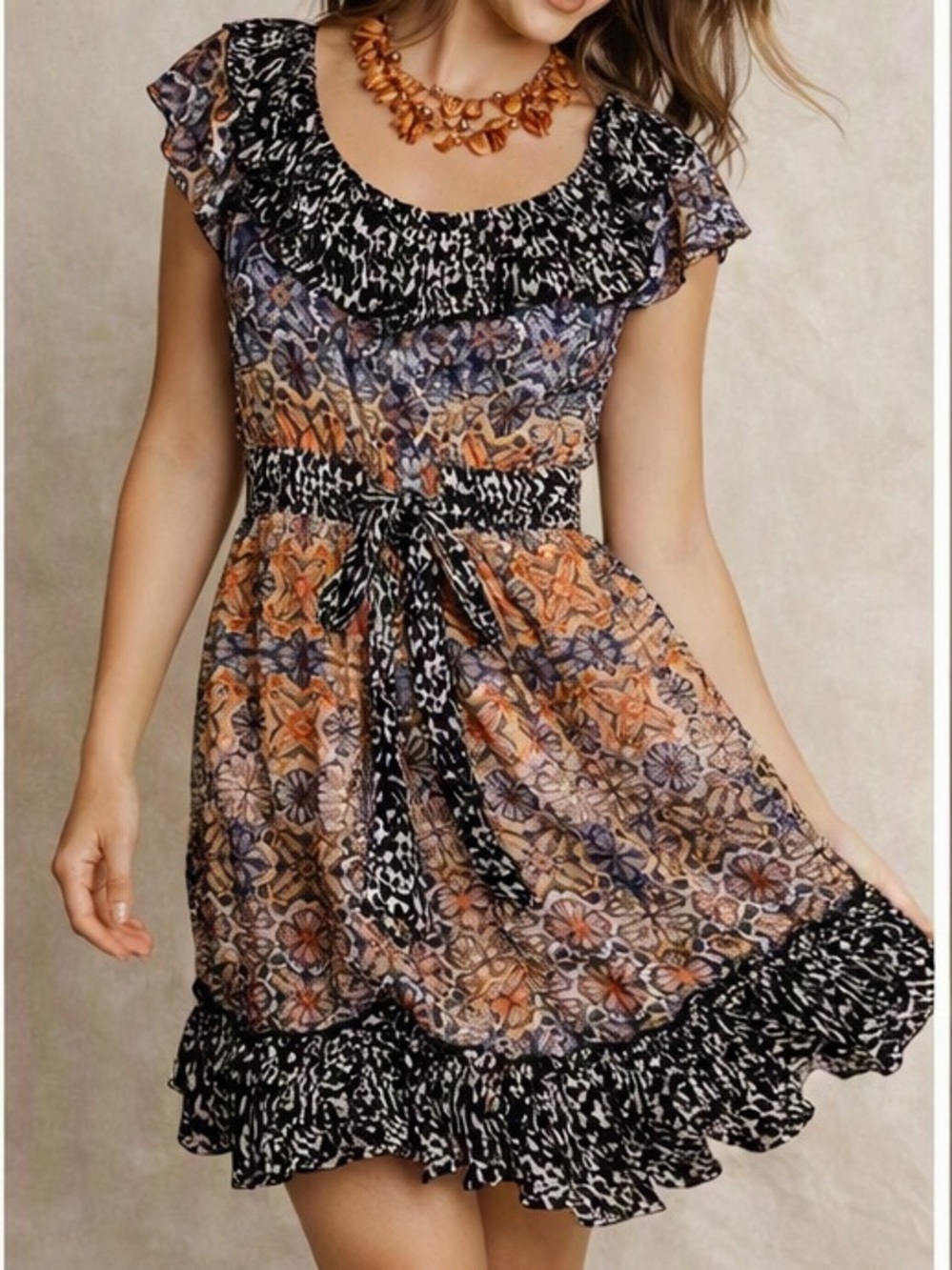 Kensie Pretty Floral Ruffle Short Dress in Orange and Black